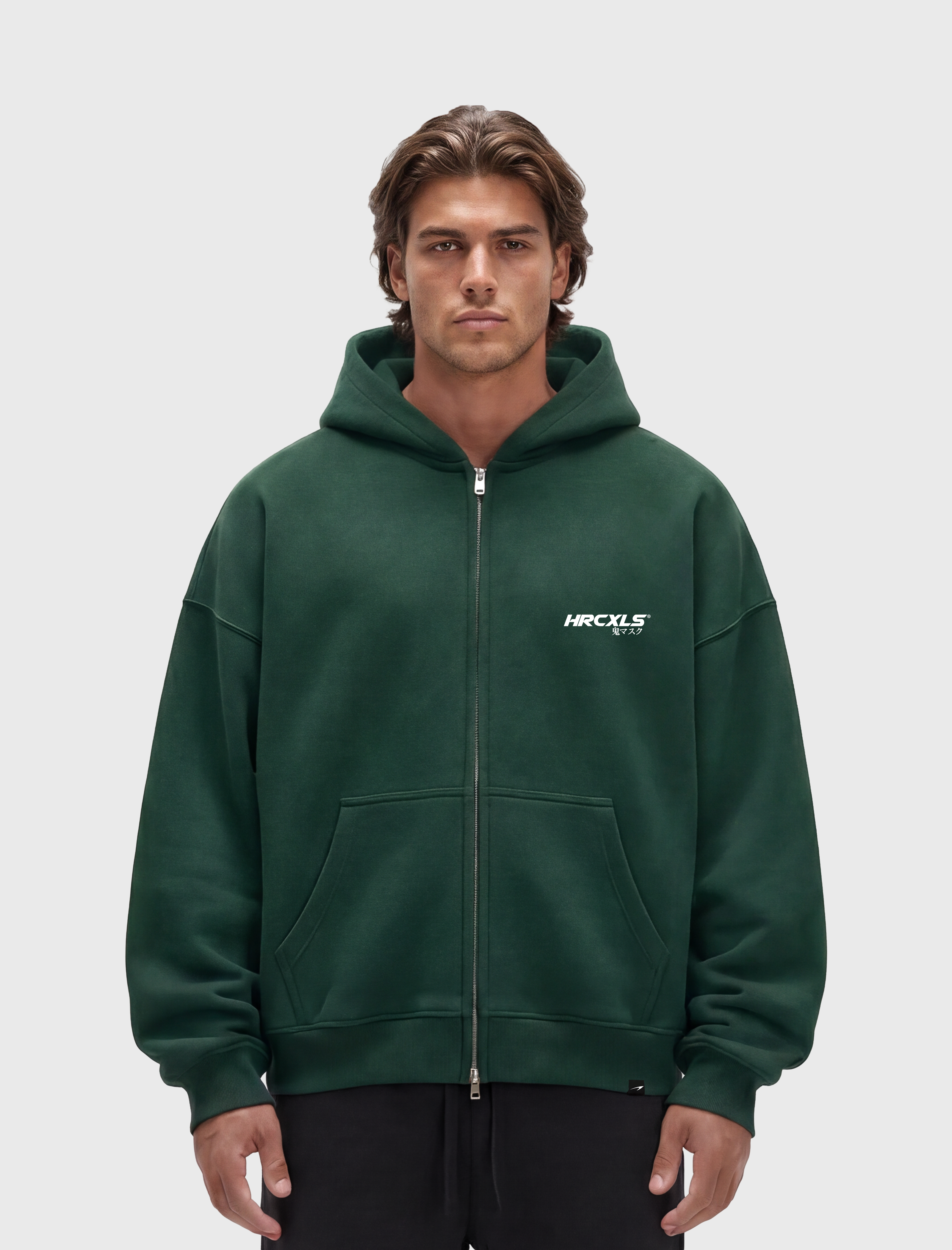 HERCXLES 2026: Kuro Relaxed Zip Up Hoodie - Green model front